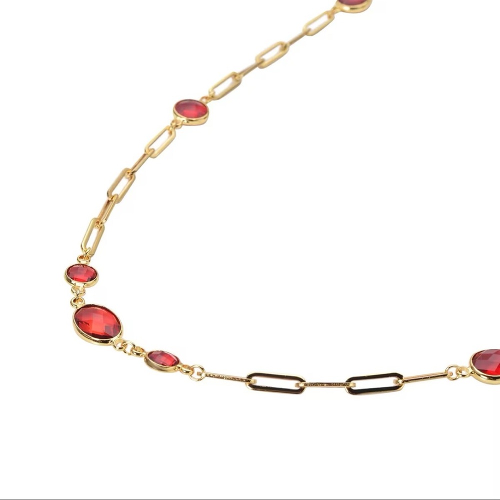 Simulated Ruby Paper Clip Chain Station Necklace 28 Inches ION Plated. E990